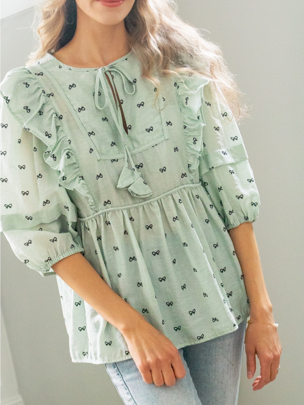 Bow Coquette Mint Green Ruffle Tie-Neck Peplum Blouse